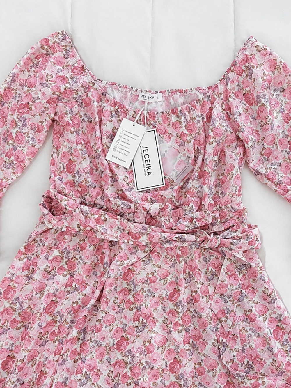 Pink Floral Long-Sleeve Belted Coquette Mini Dress NWT
